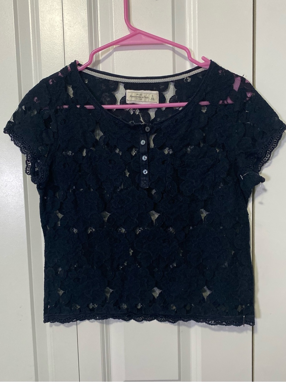 Abercrombie & Fitch Navy Blue Cap Sleeve Cropped Lace Top
